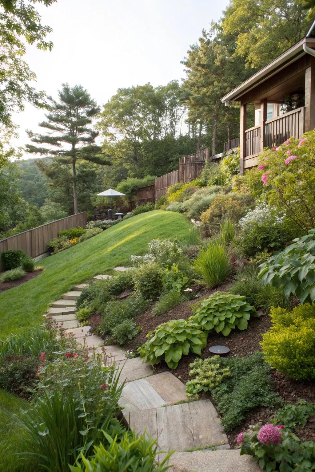 Indigenous flora edges enhance the innate allure of a sloped garden.