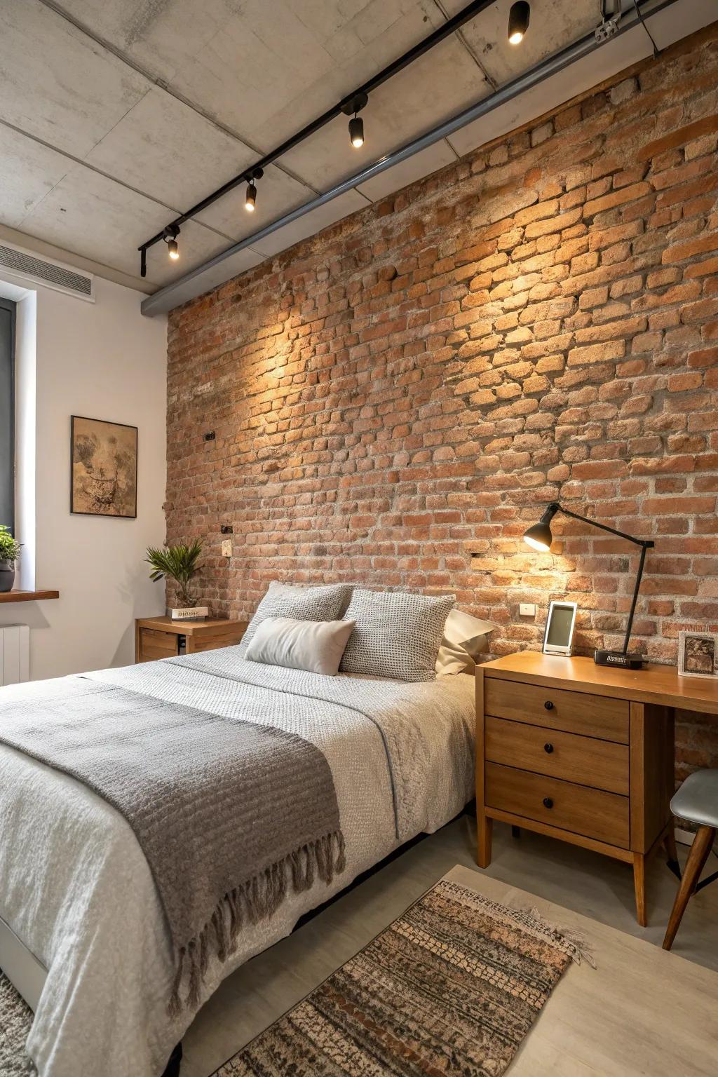 An uncovered brick wall injects industrial-chic texture.