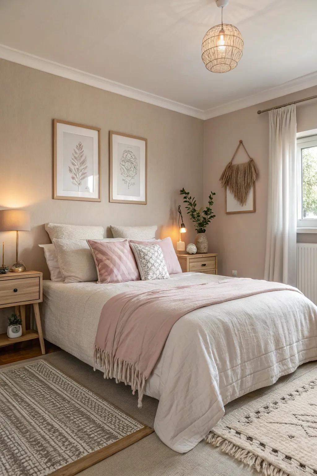 A bedroom featuring gentle, neutral colors fostering serenity.