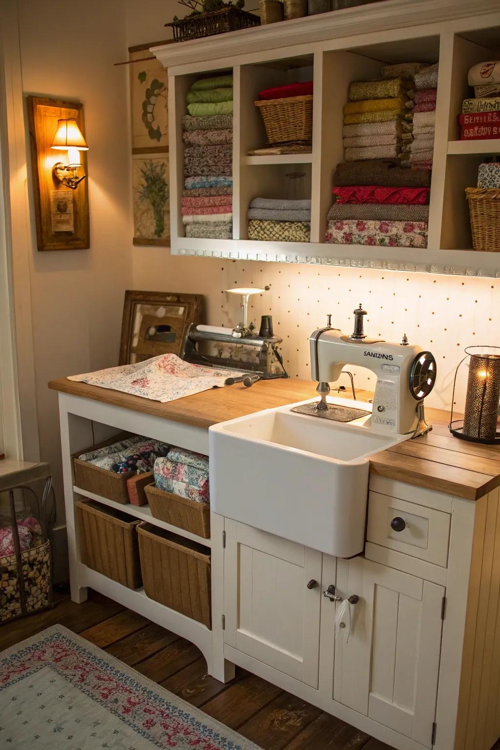 A sewing area created from a practical utility basin.