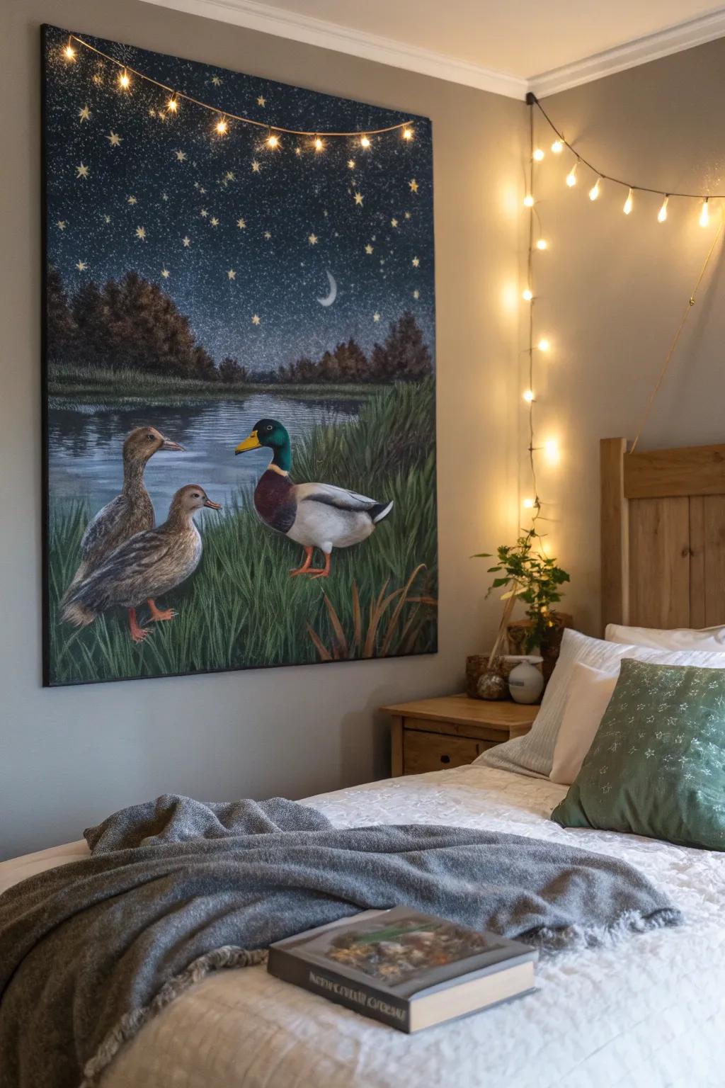 Waterfowl under the evening stars create a magical, dreamy atmosphere.
