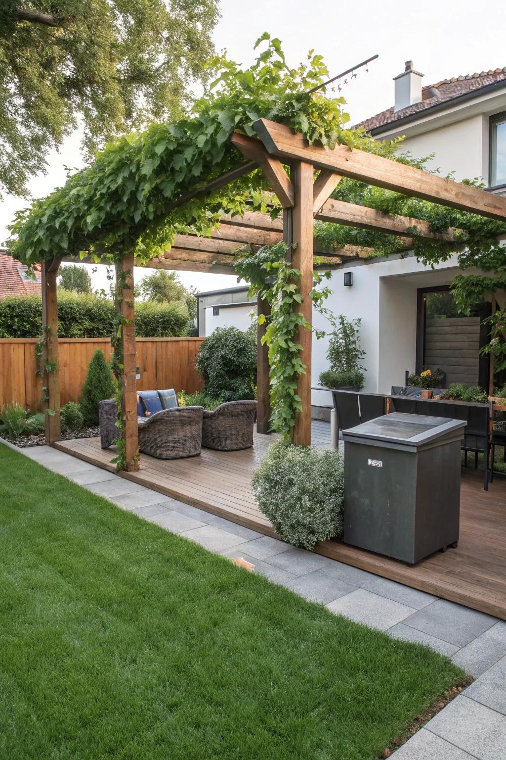 Arbors provide shade and design to outdoor trash areas.