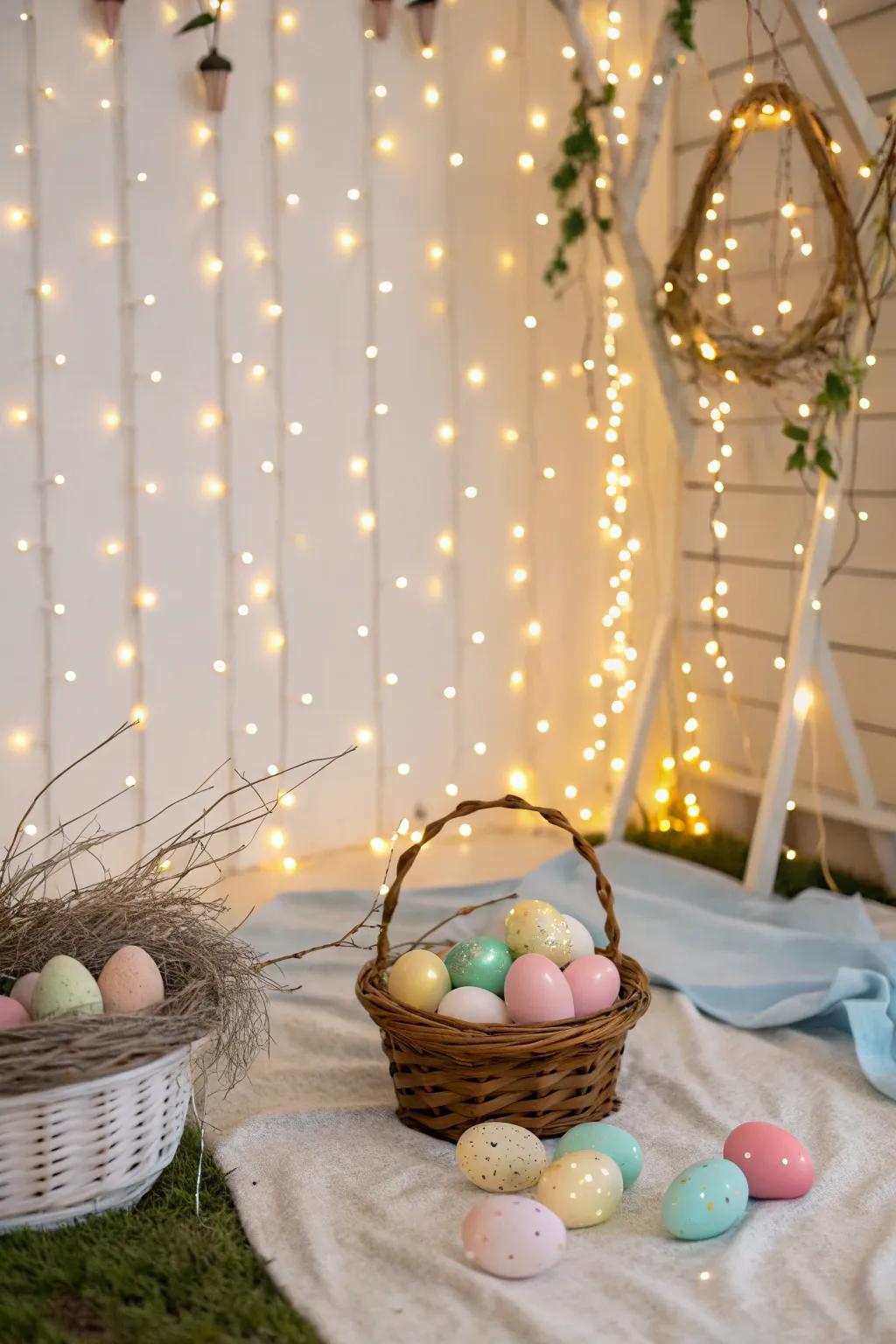 Sparkle lights draped around the scene craft an ethereal and fantastical Easter picture setting.