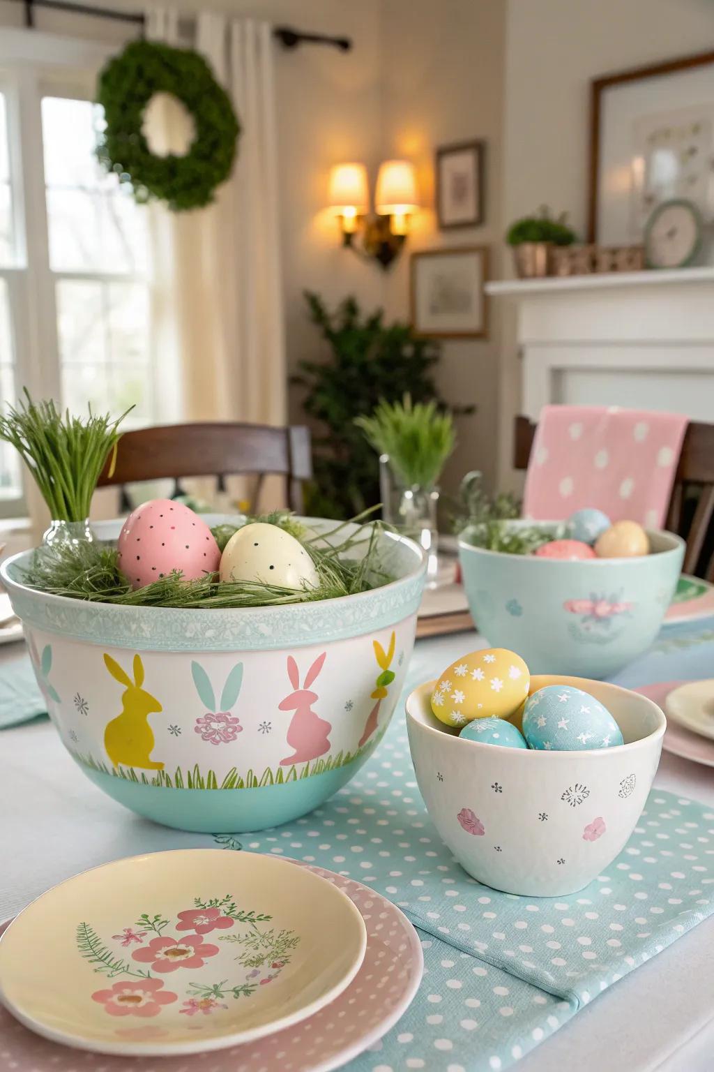 DIY Easter bowls add a playful and thematic touch to the table setting.