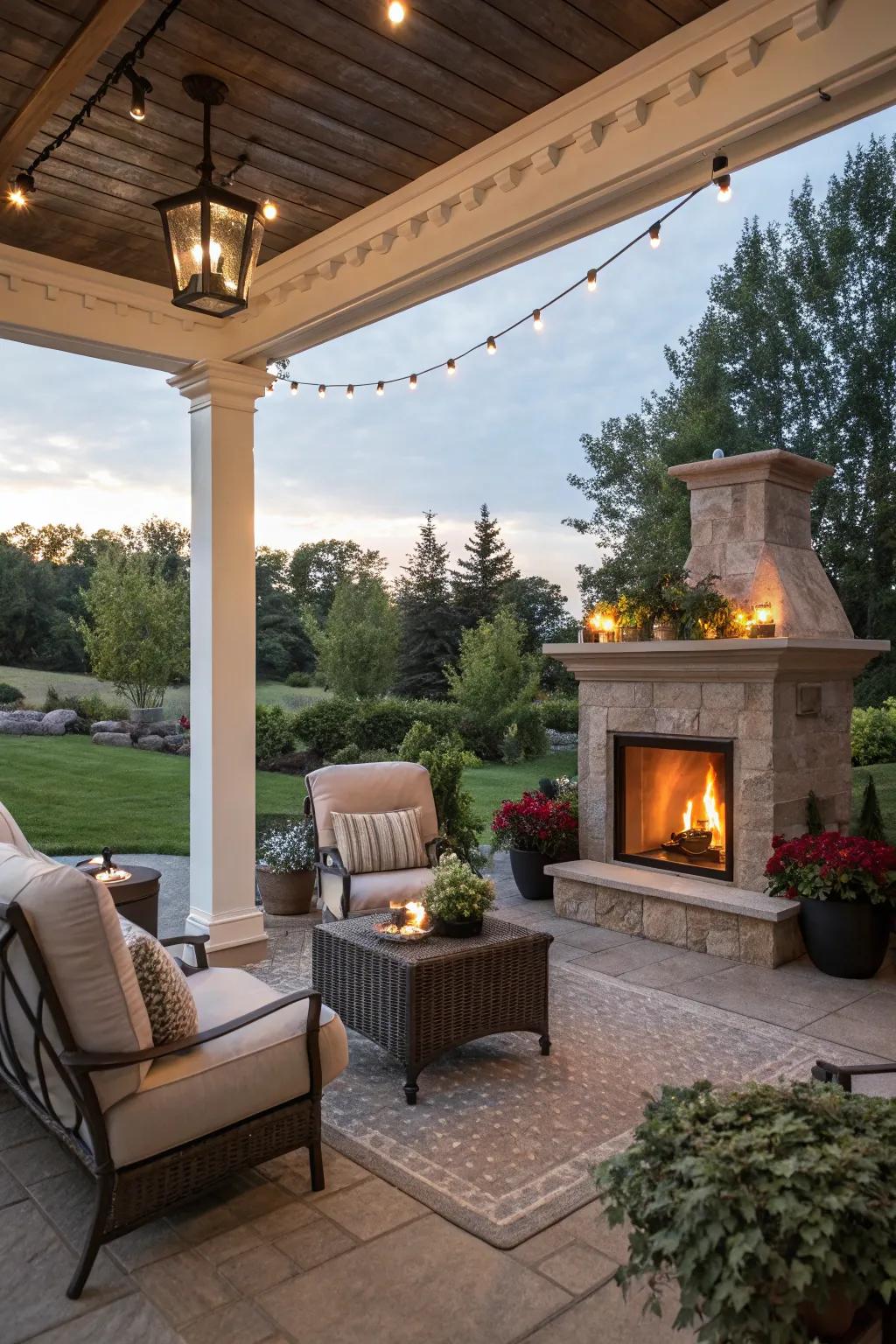 An outdoor space enhanced by an electric fireplace.
