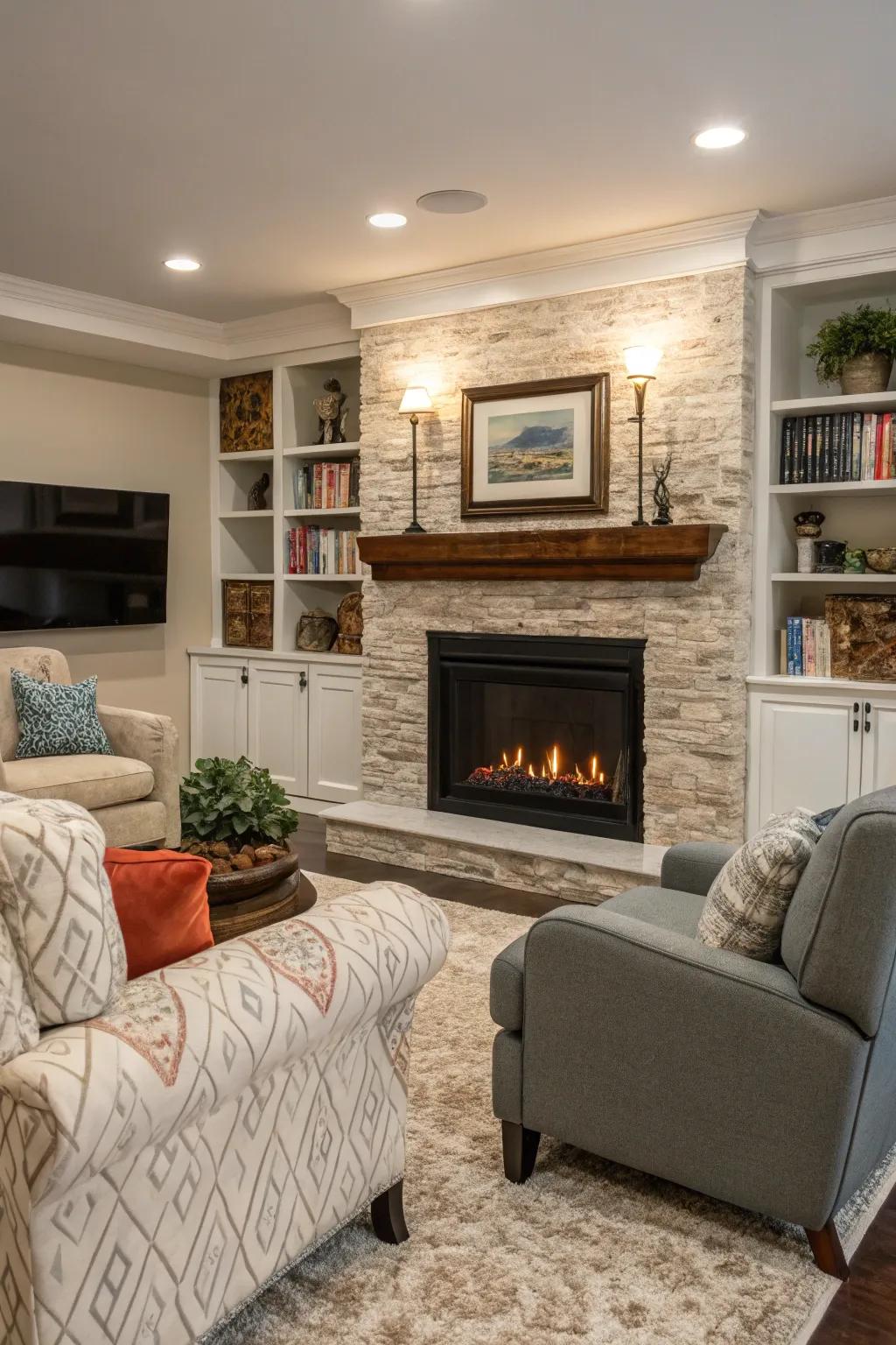 A family-friendly zone with a safe electric fireplace design.