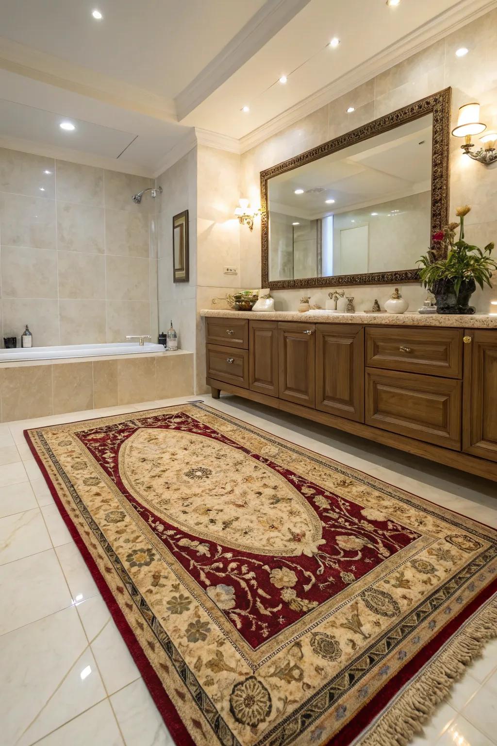 An opulent rug injects warmth and elegance to this bathroom.