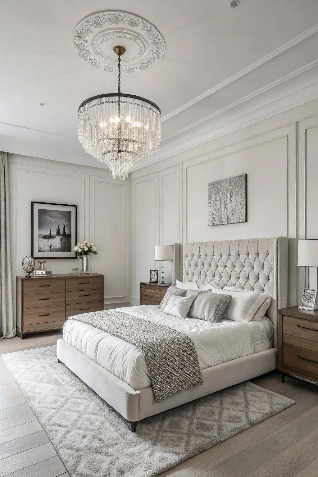 A monochrome luxury bedroom designed in soothing shades of white and gray.