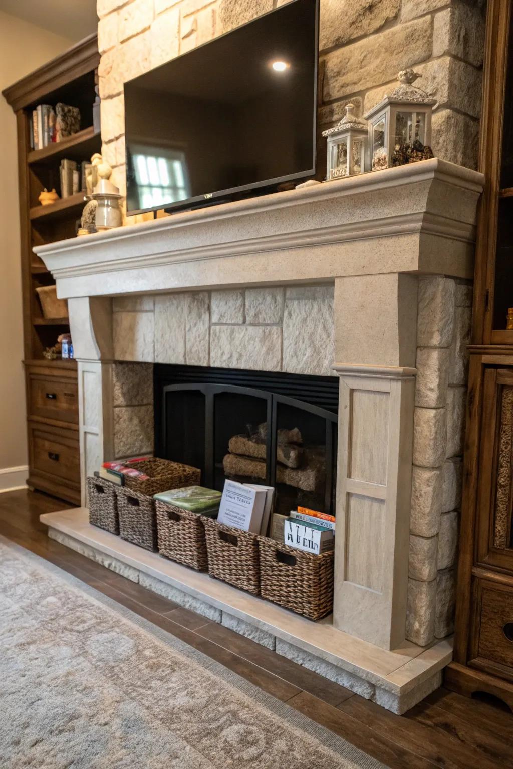 Add functionality by using hidden storage inside your fireplace.