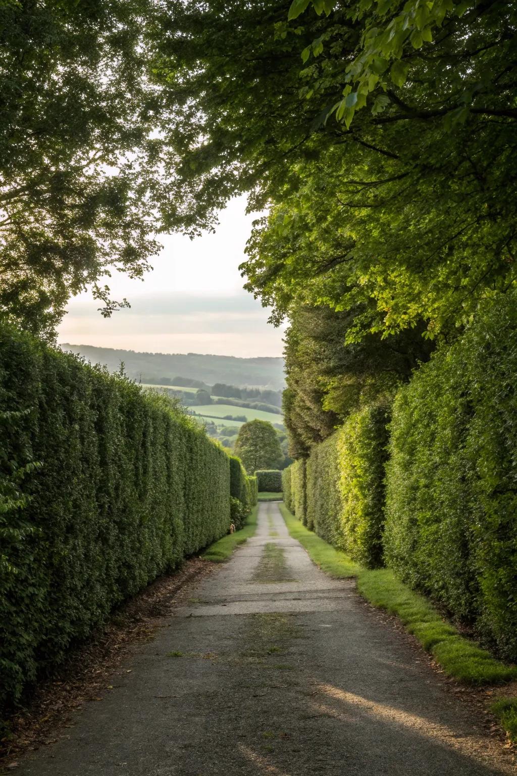 Imposing hedges extend solitude and a profuse, verdant panorama.