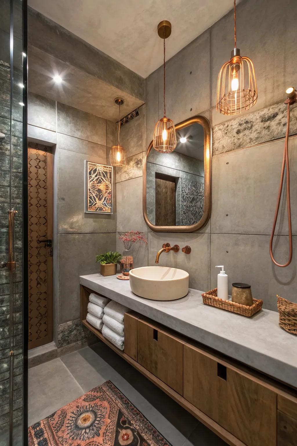 Unexpected materials like concrete and copper create a striking look.