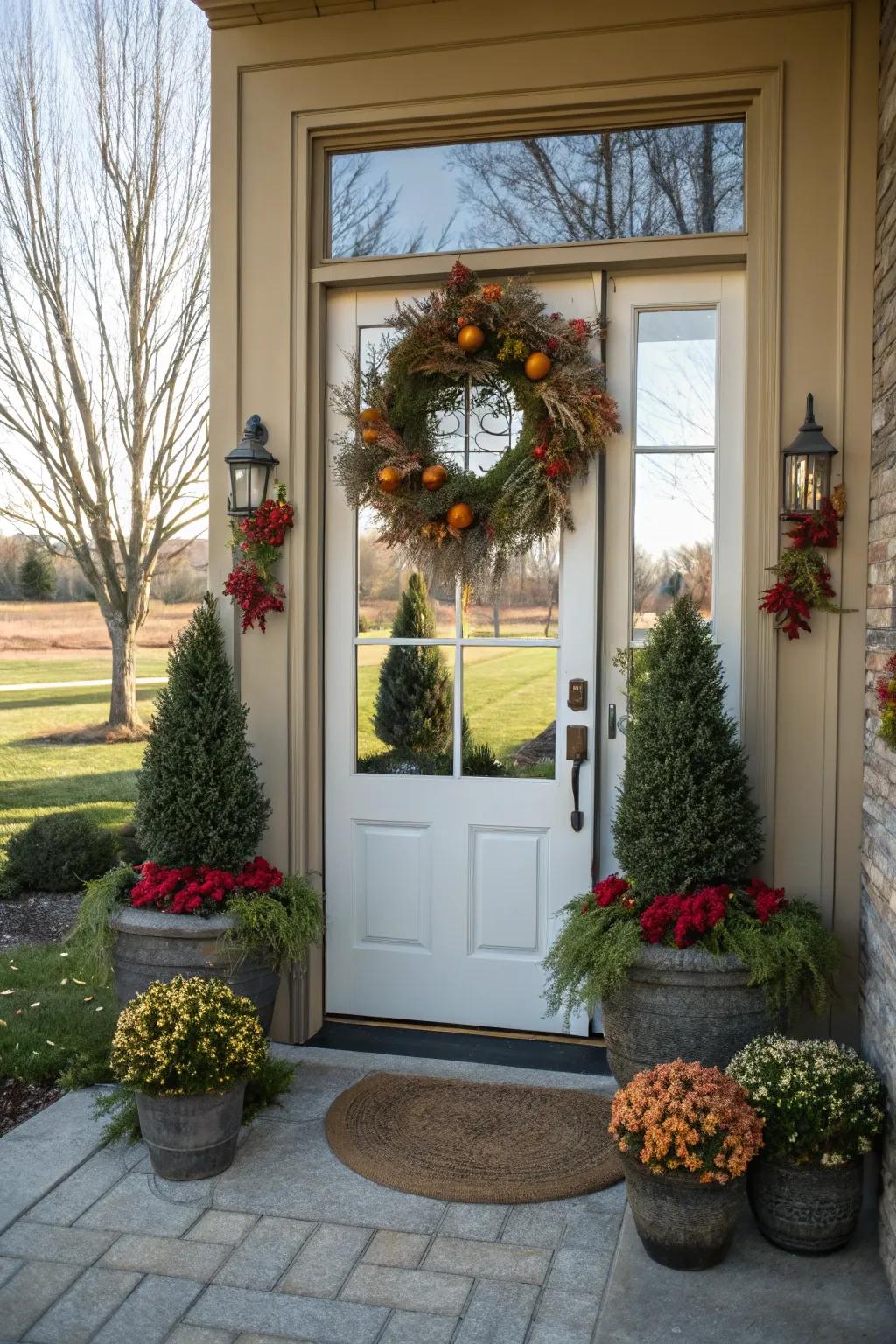 Seasonal decorations inject a festive element into the entryway.