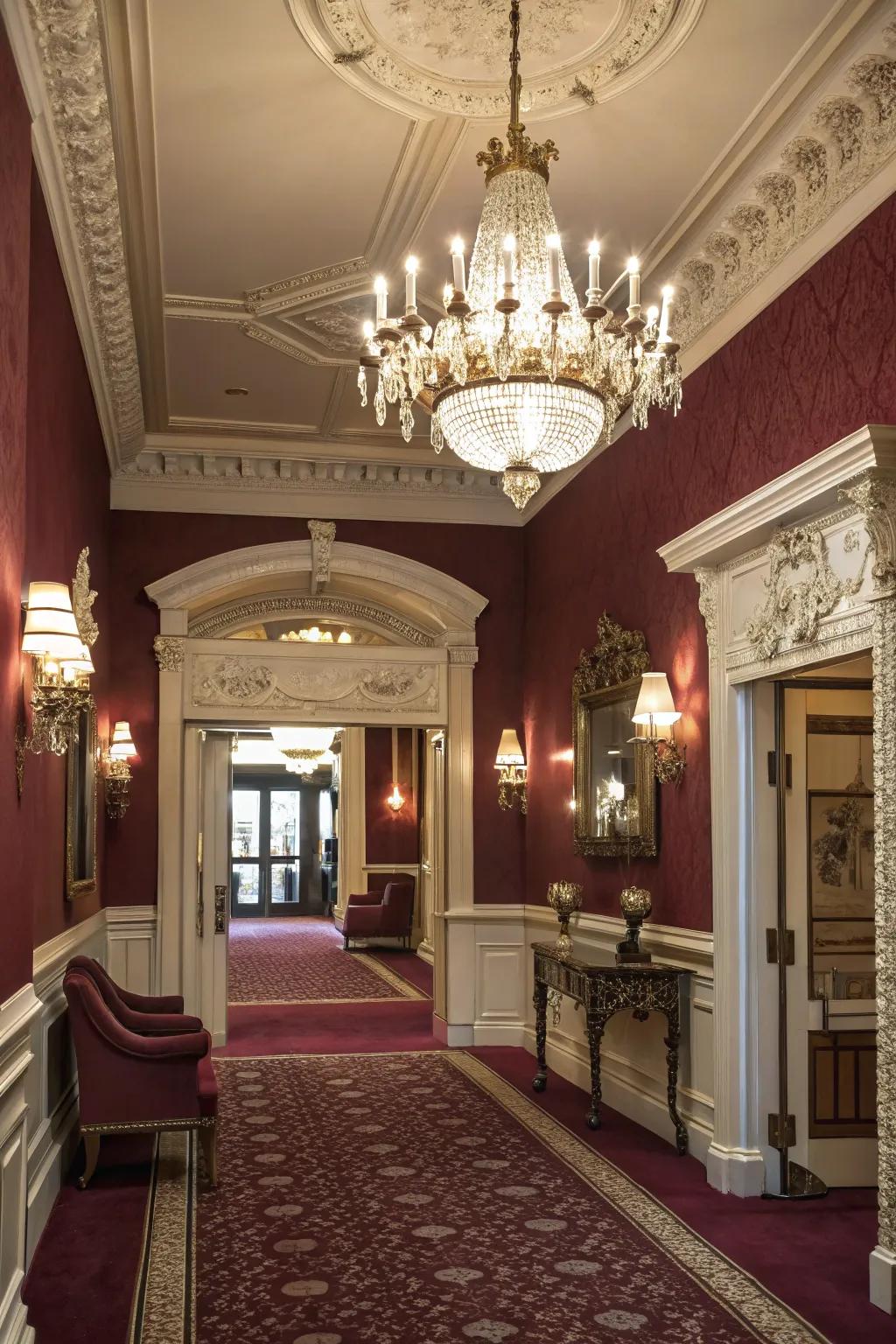 Establish a rich entrance using plush claret.