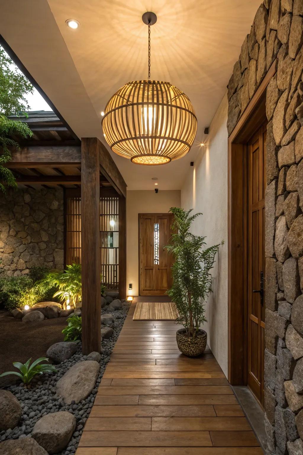 An entryway exhibits a bamboo light fixture that exudes an earthy and warm ambiance.