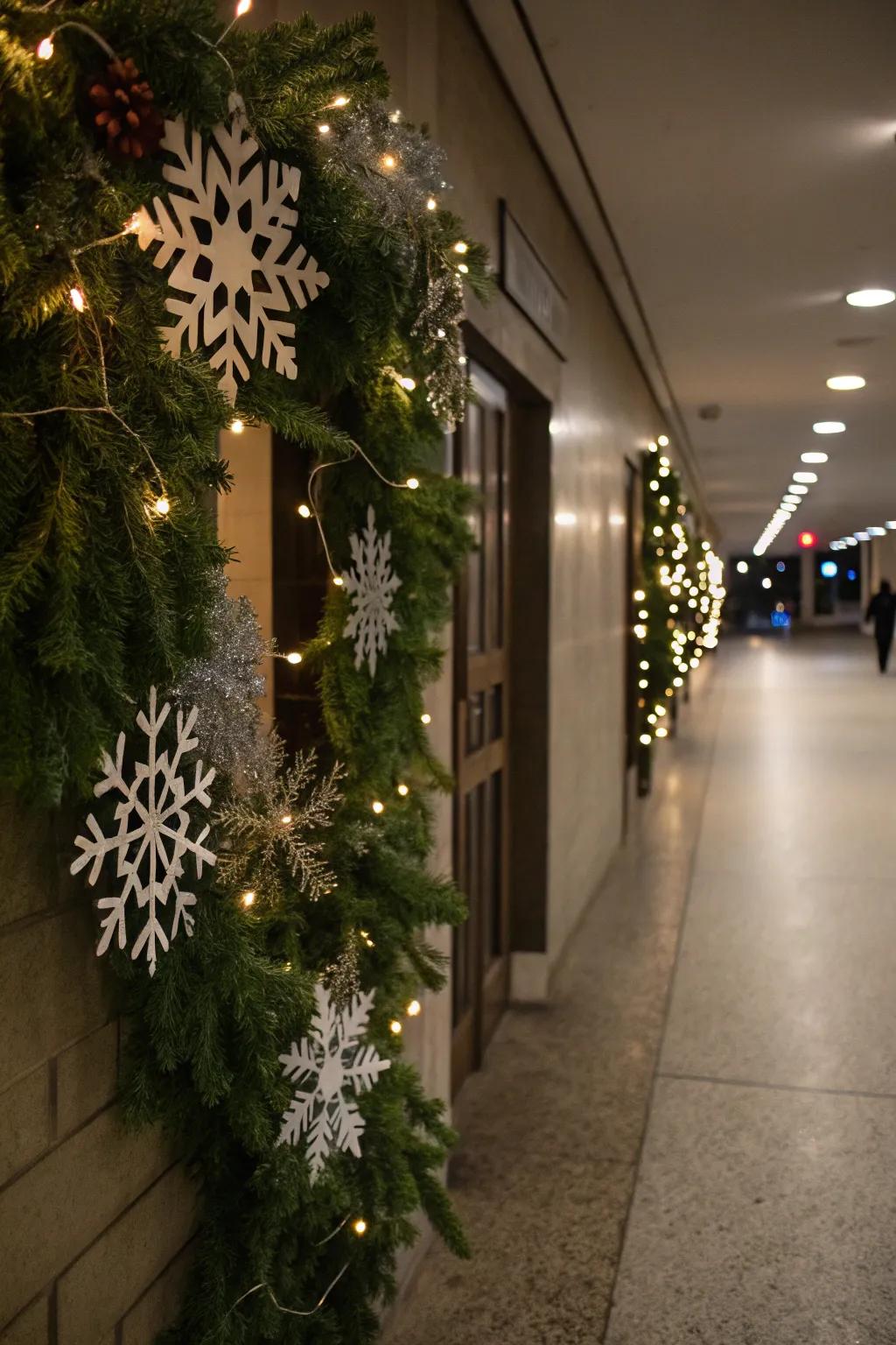 A winter-themed cascade with snowflakes in a hallway.