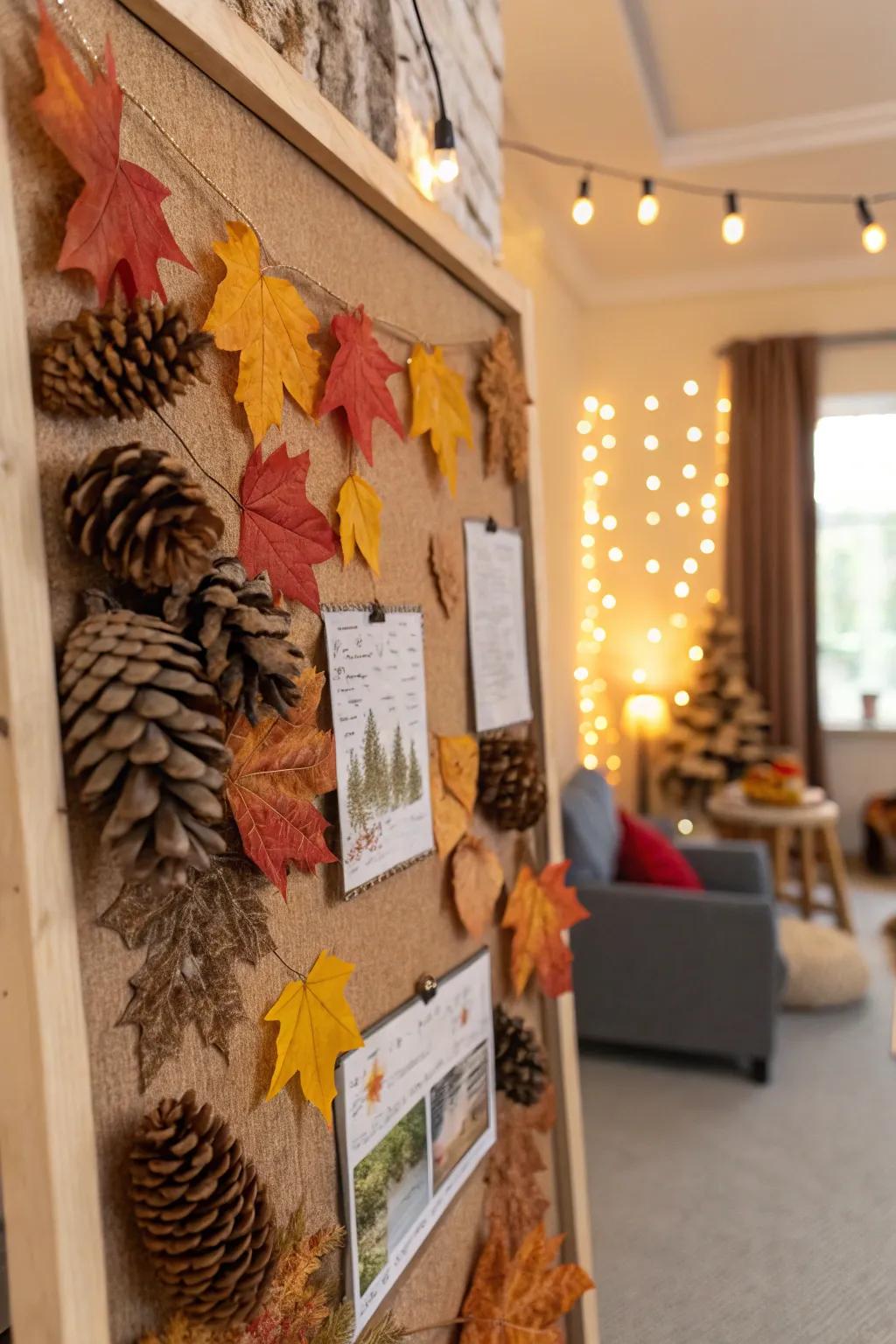 Natural textures like pinecones add depth to this fall bulletin board.