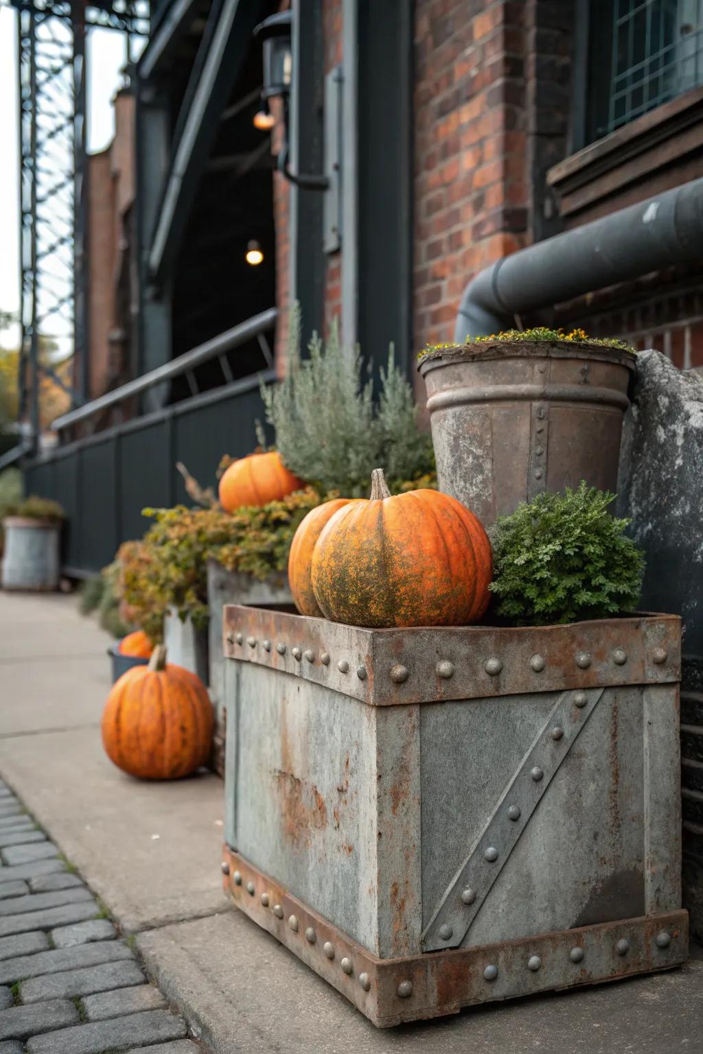 Worn metal infuses an industrial periphery to gourd arrangements.