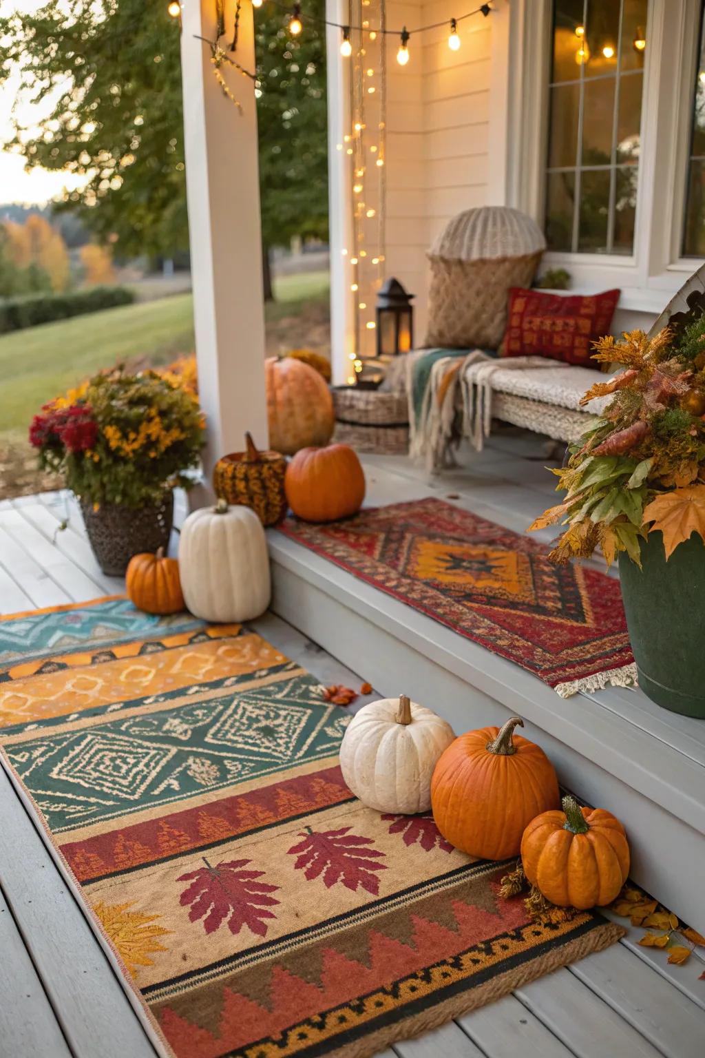Tiered mats contribute profundity and coziness to the autumnal porch's ornamentation.