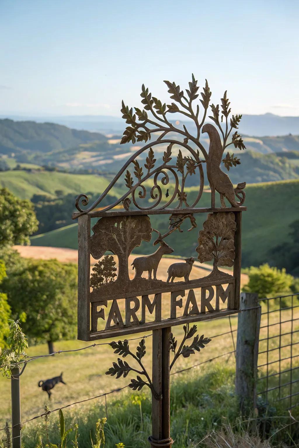 Artistic carvings combining nature and imagination in a farm marker.