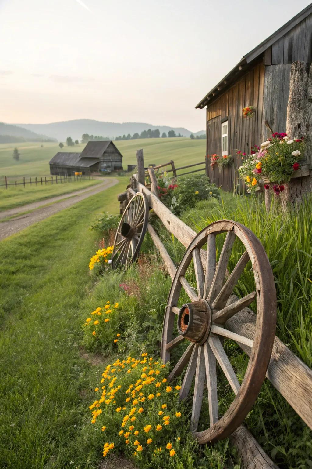 Vehicle circle embellishments infuse a rustic and authentic countryside ambiance into the festivity.
