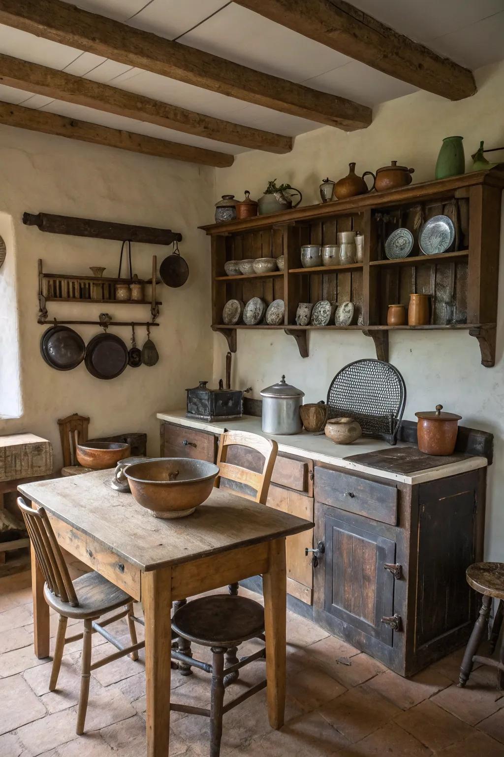 A farmhouse kitchen decorated using antique kitchen accessories.