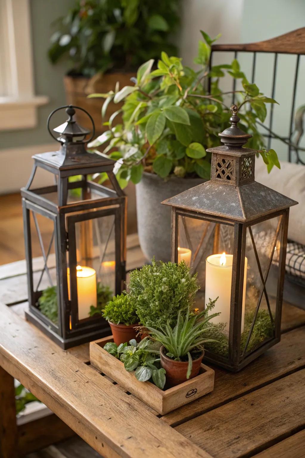 Lanterns can double as innovative plant holders.