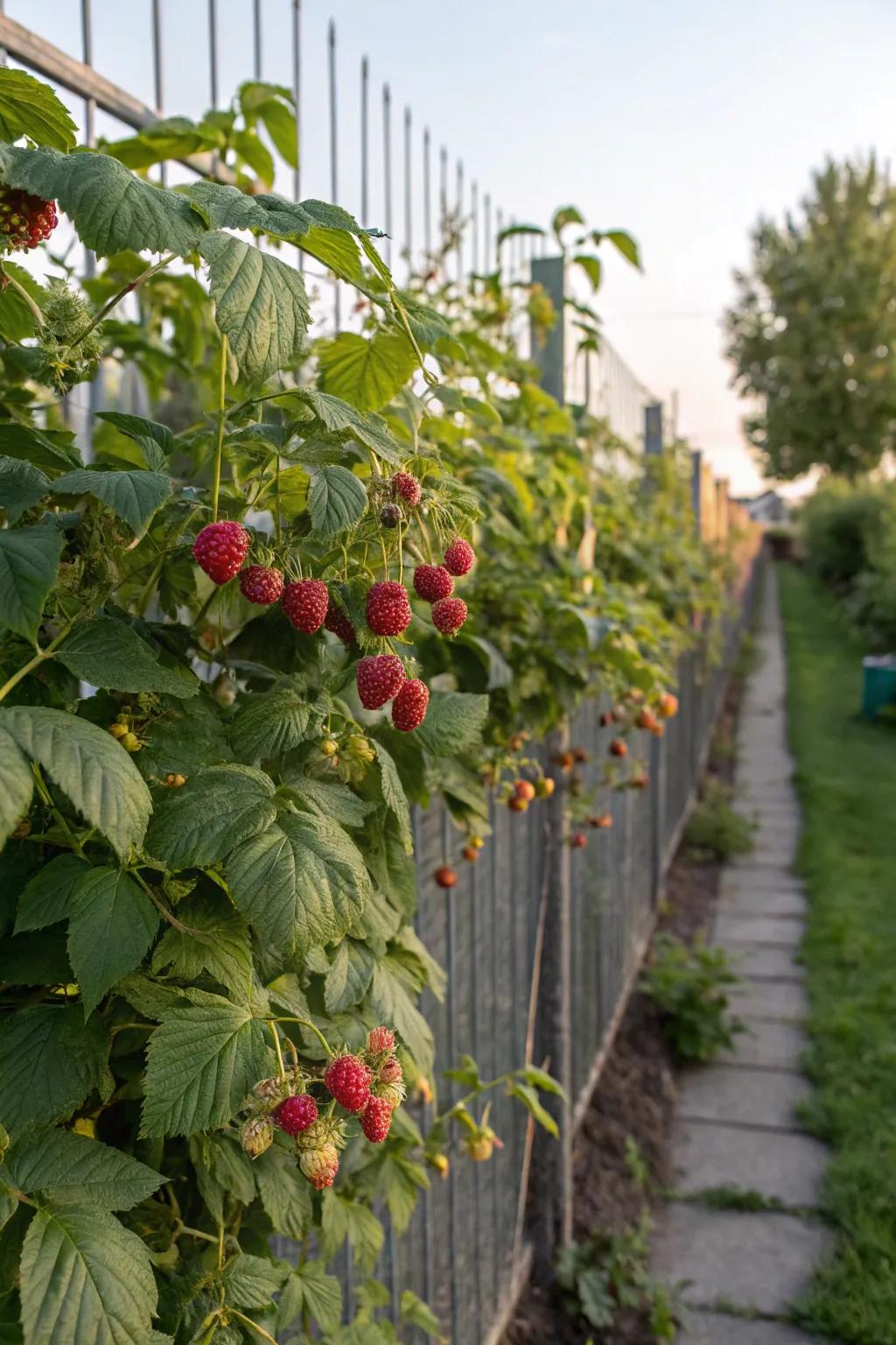 Edible plants like raspberries furnish splendor and bounty.