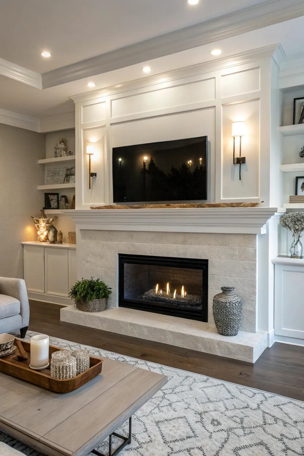 A modern living room featuring a sleek floating mantel, adding a minimalist touch.