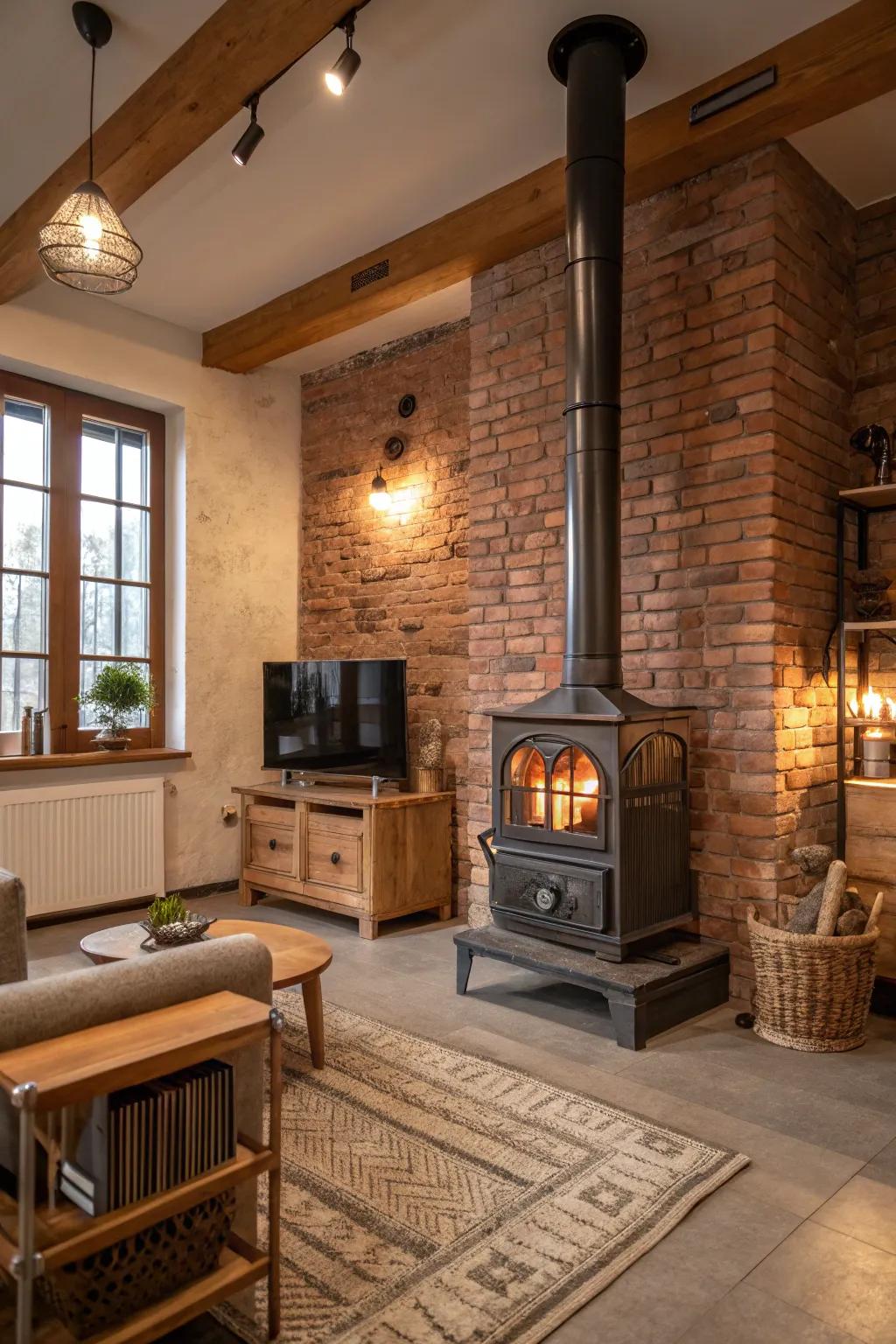 A daring, industrial-style lounge featuring a central fireplace with steel and exposed brick.