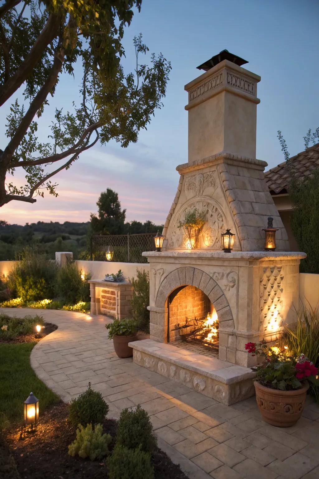 Uplighting highlights the beauty of outdoor fireplaces.