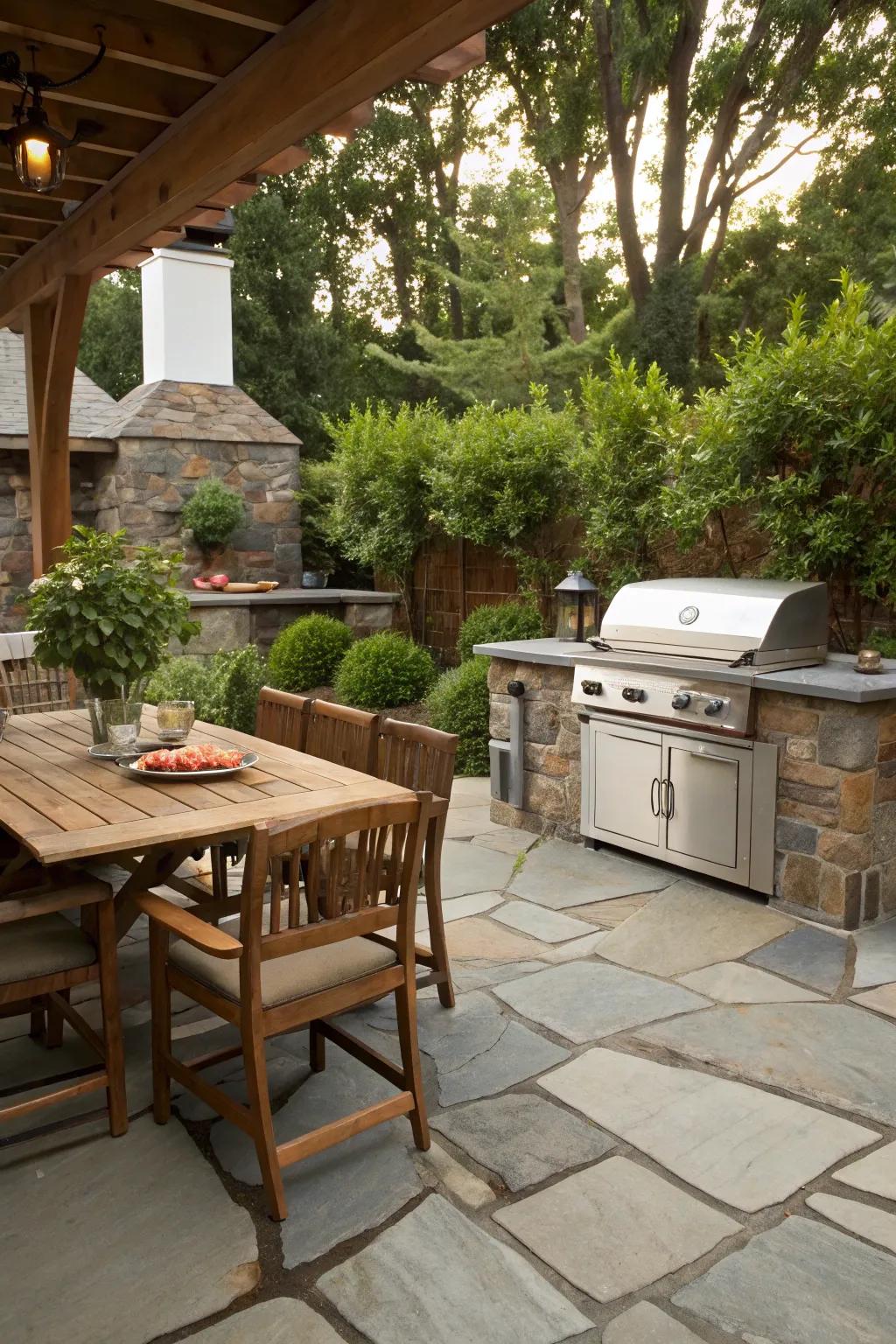 A flagstone outdoor kitchen perfect for entertaining.