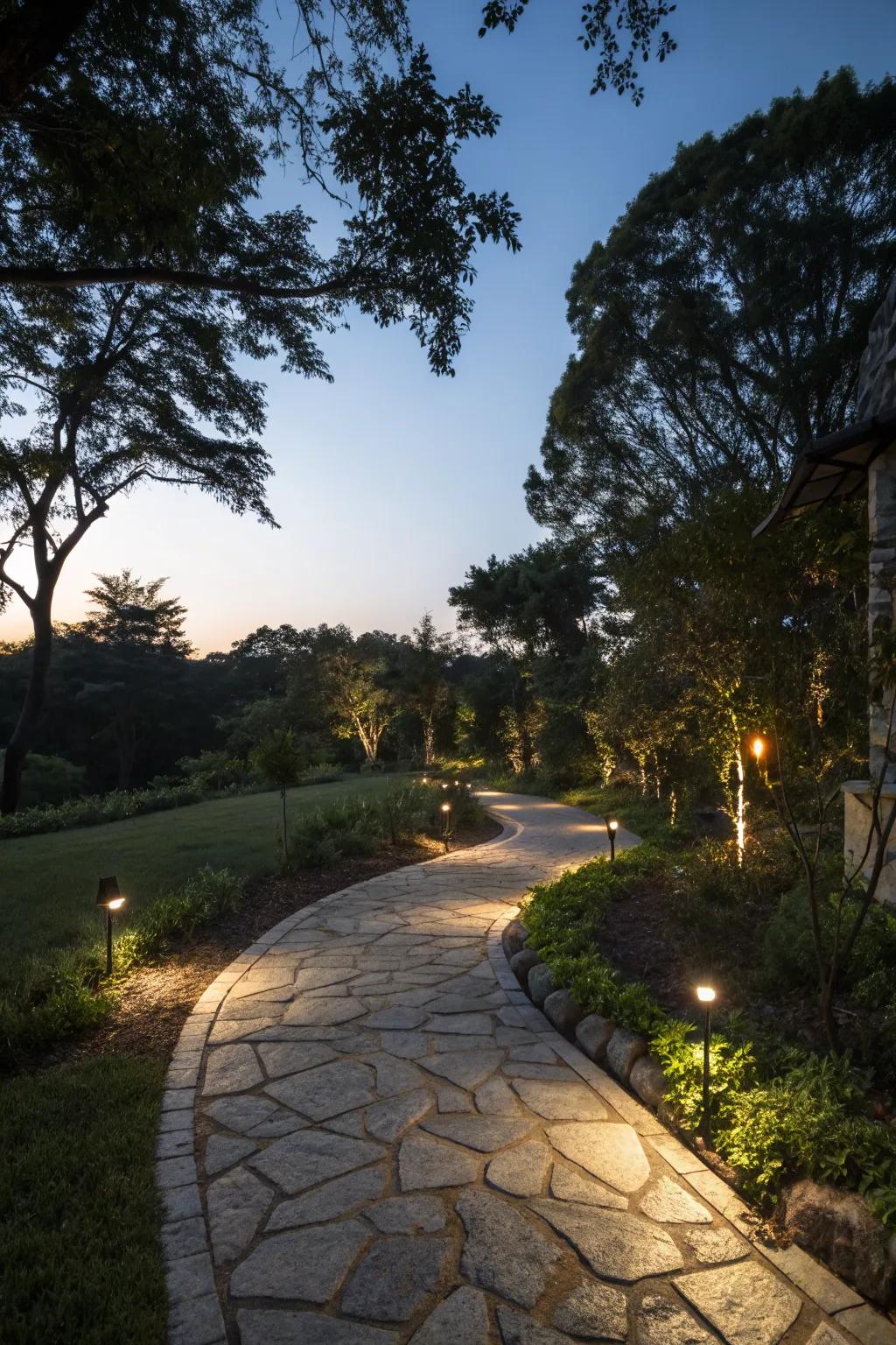 A sandstone path exquisitely illuminated for enchanting twilight walks.