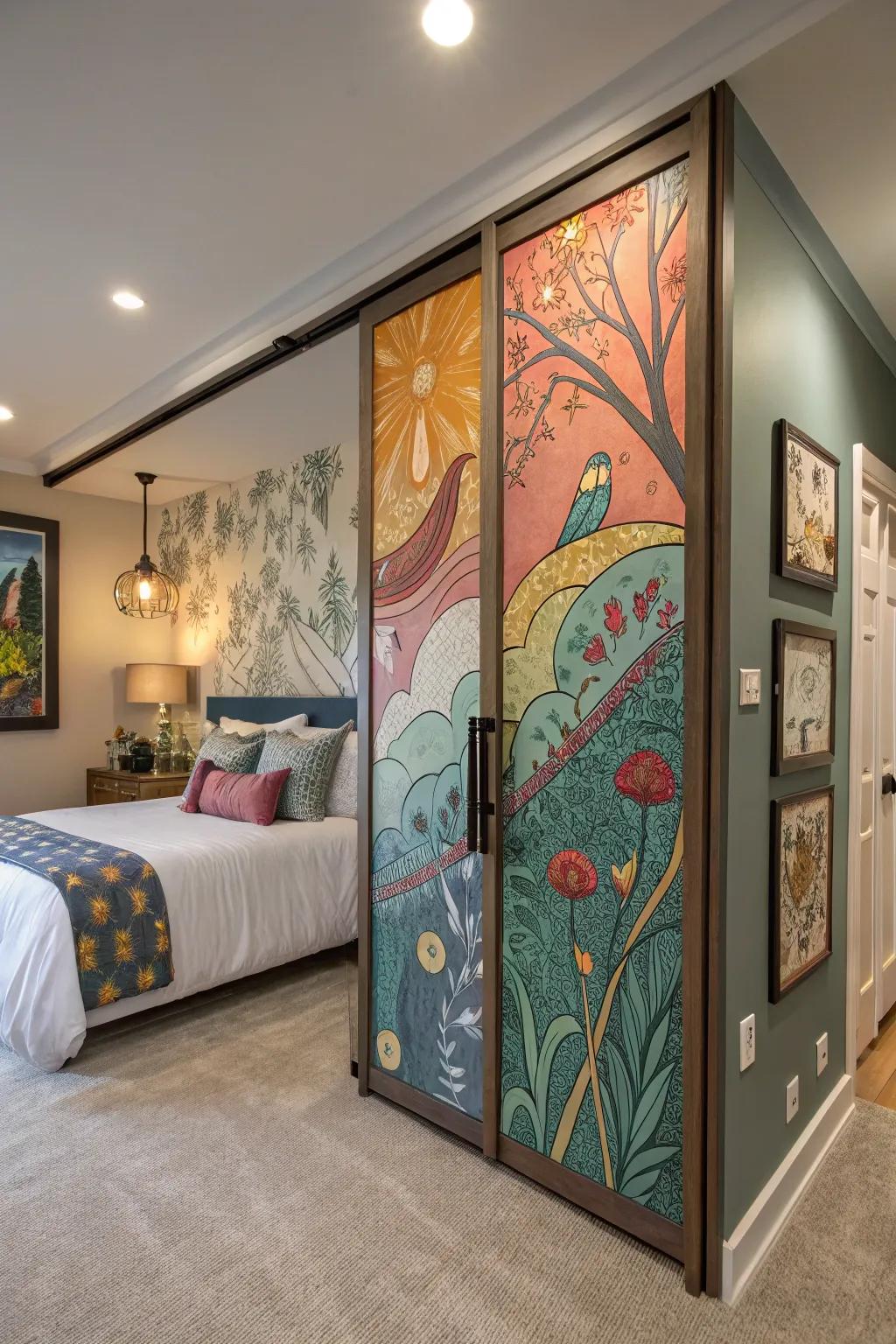 Painted designs turn closet panels into a canvas of creativity.