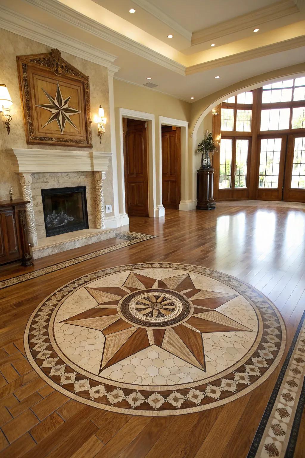 Tile centerpiece connection crafts a grand floor feature.