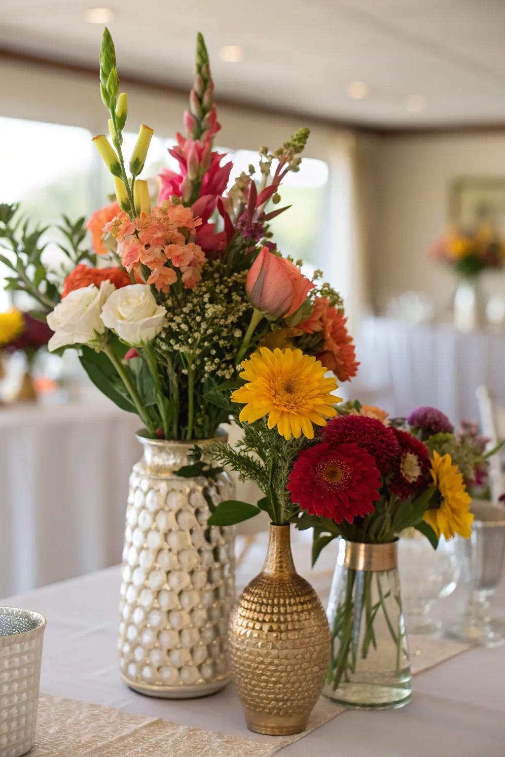 A floral centerpiece featuring varied vases on a table.