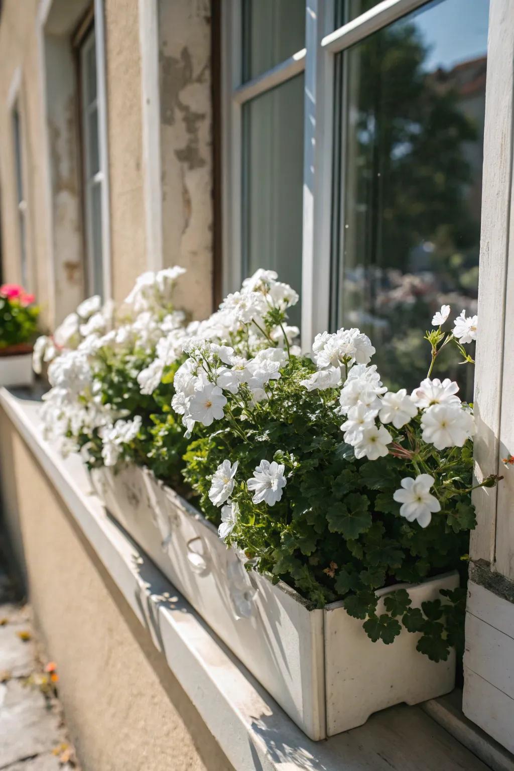 Pale flowers in a window box adding curb appeal.