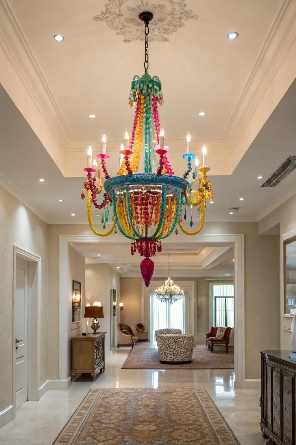 A colorful chandelier adds a playful burst to this neutral foyer.