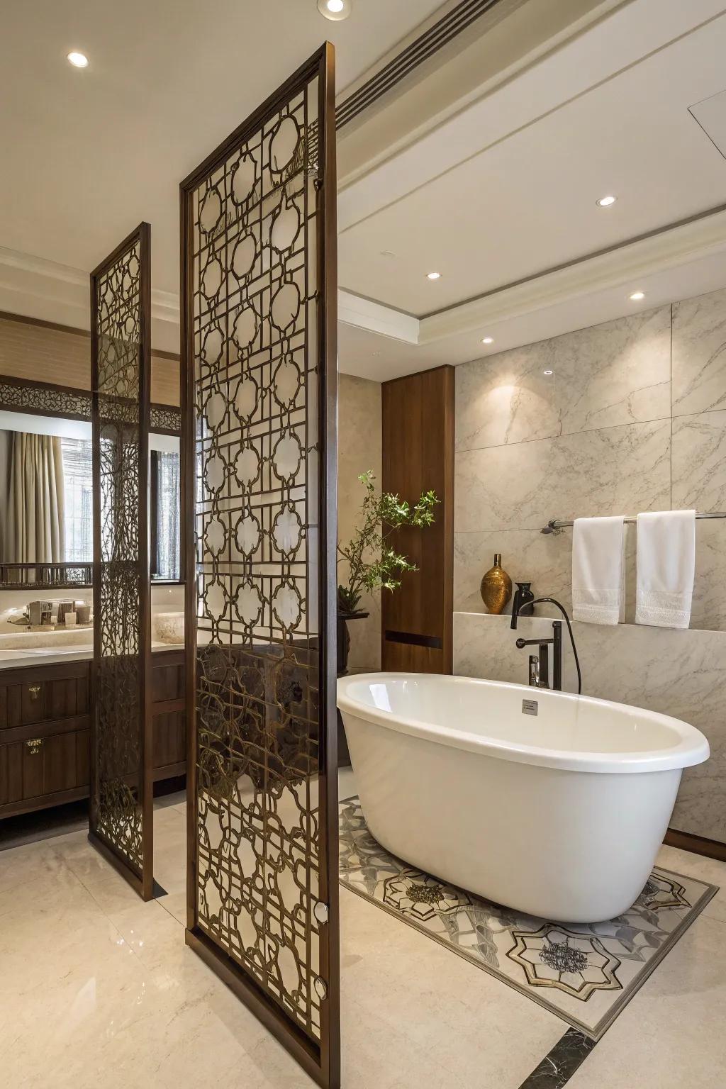 A stylish partition providing seclusion while maintaining elegance in a bathroom.