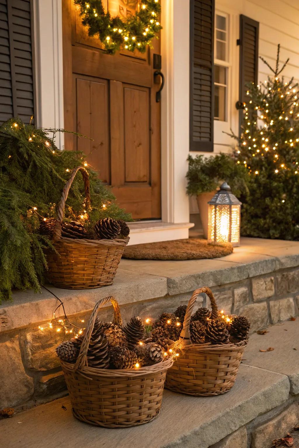 Containers filled through cones and lights contribute an elegant element.