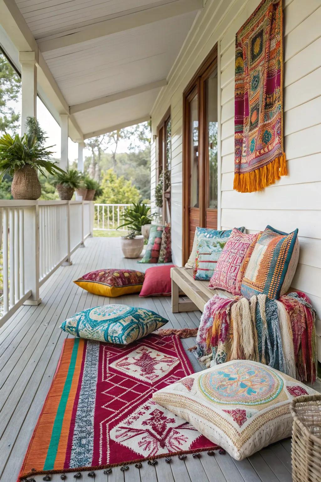 A variety of colorful textiles and pillows on a front porch.