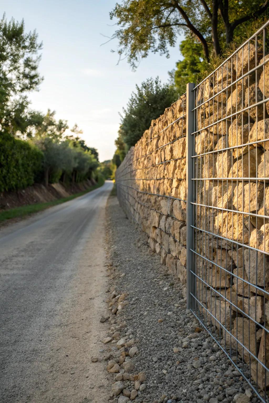 A rustic gabion wall with stones and metal delivers an industrial edge to the driveway.