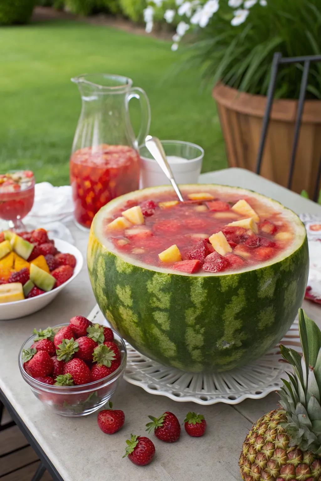A fruit mix bowl serves as a dual-purpose centerpiece.