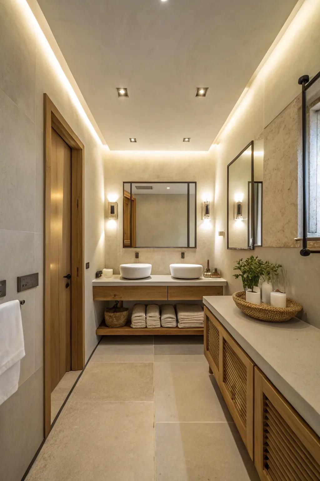 This minimalist bathroom features clean lines and a serene ambiance.