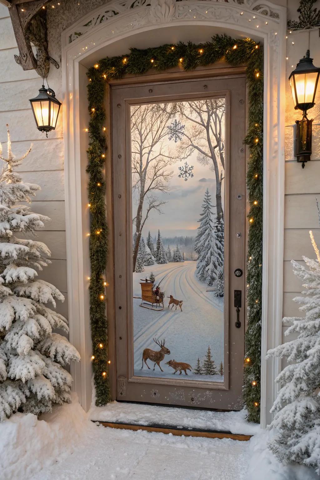 An icy scene door decoration captures the serene beauty of the season.