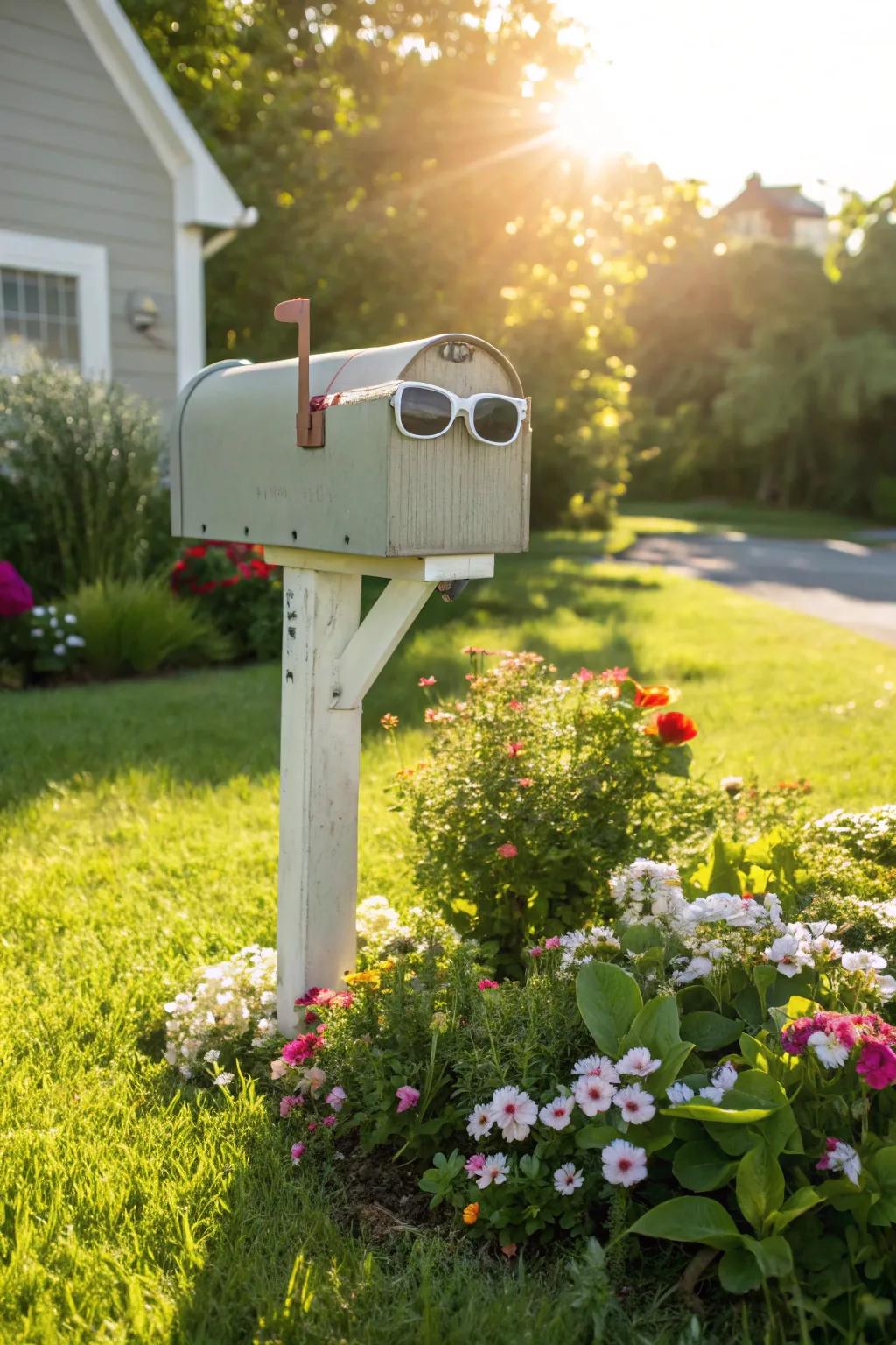 A playful mailbox featuring shades that radiates cool vibes.