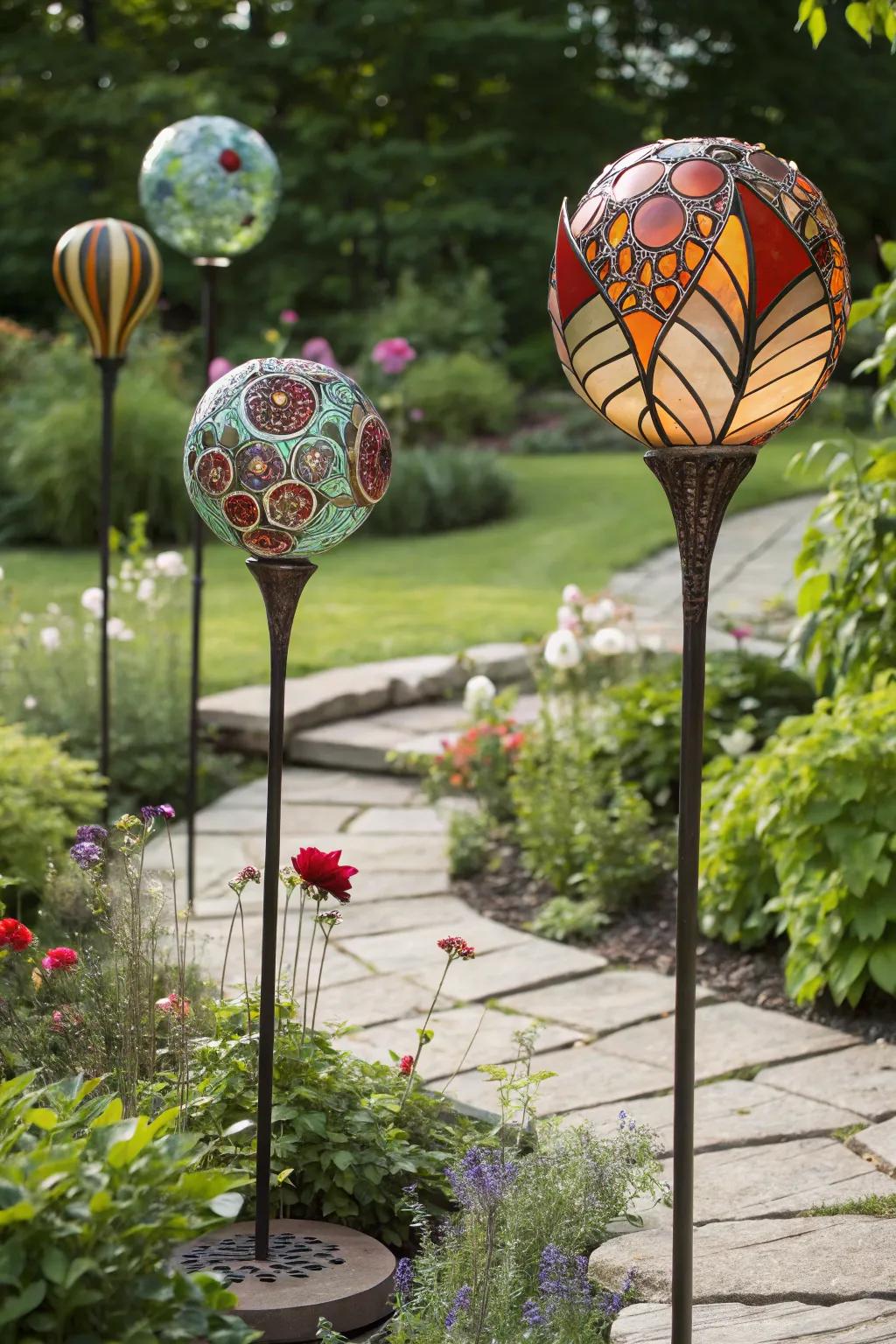Abstract art accents transforming the garden into a creative space.
