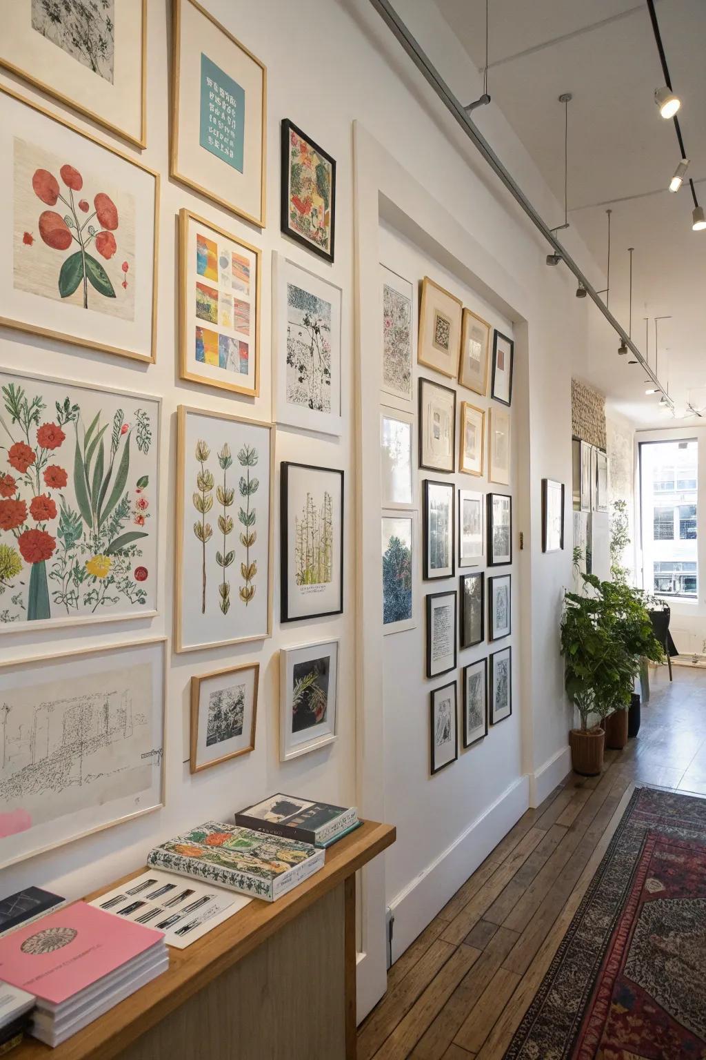 Artistic display with art prints and sketches showcasing creativity.