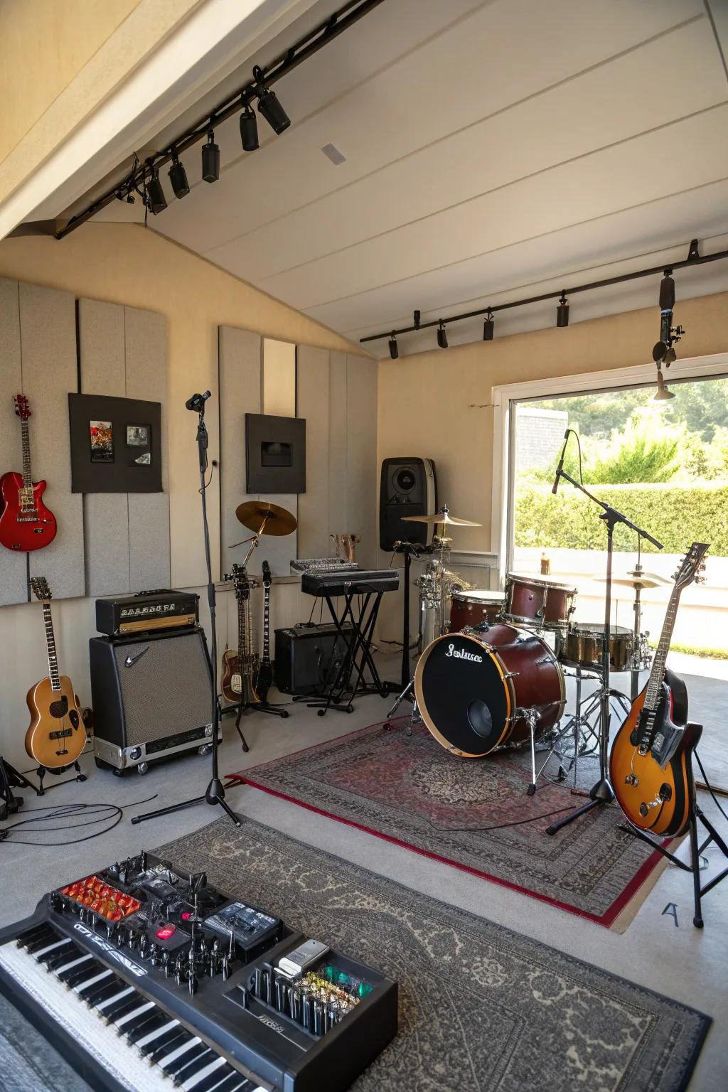 A music space placed in the garage.