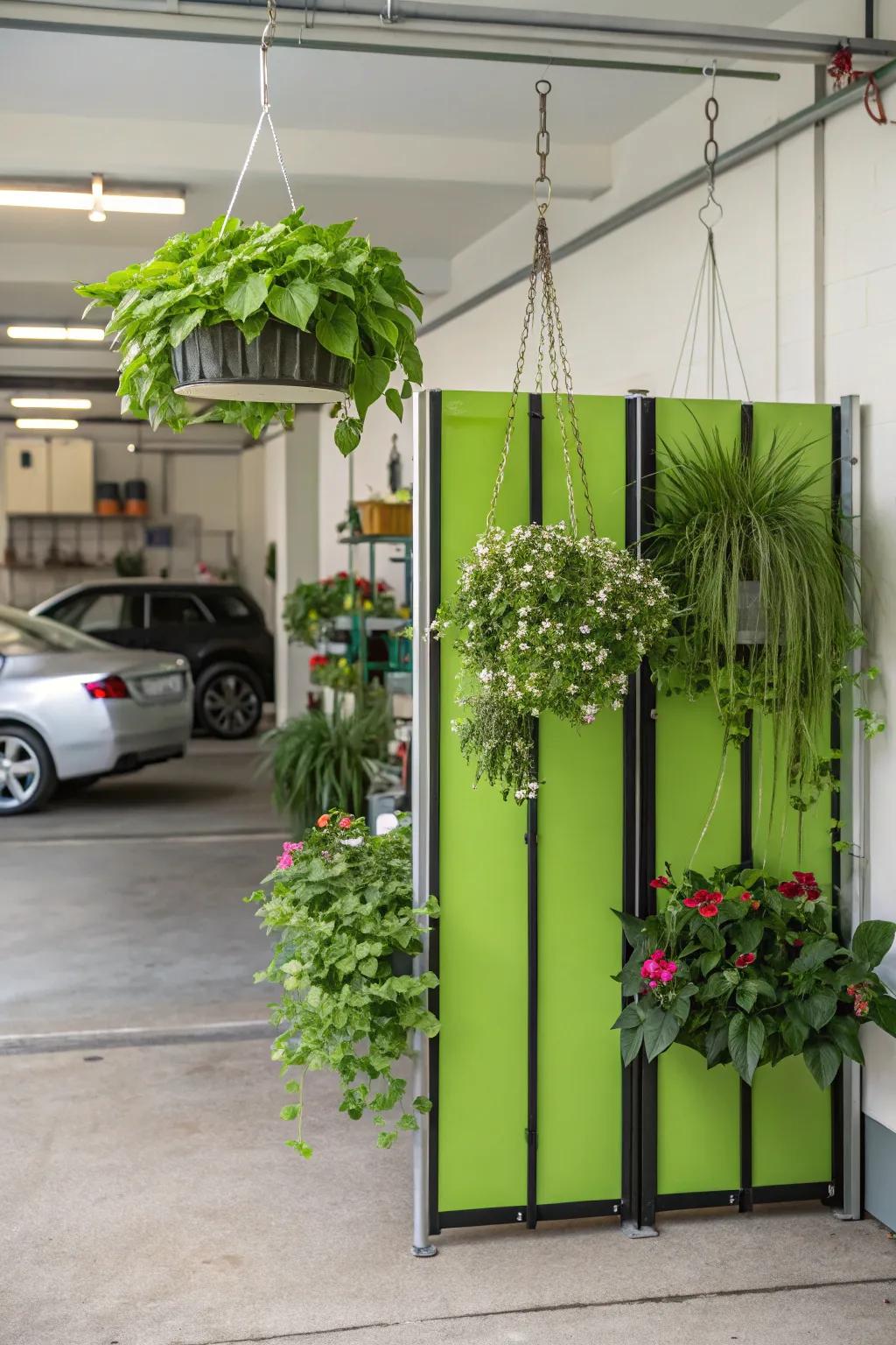 Suspended cultivators inject verdure and separate spaces naturally.