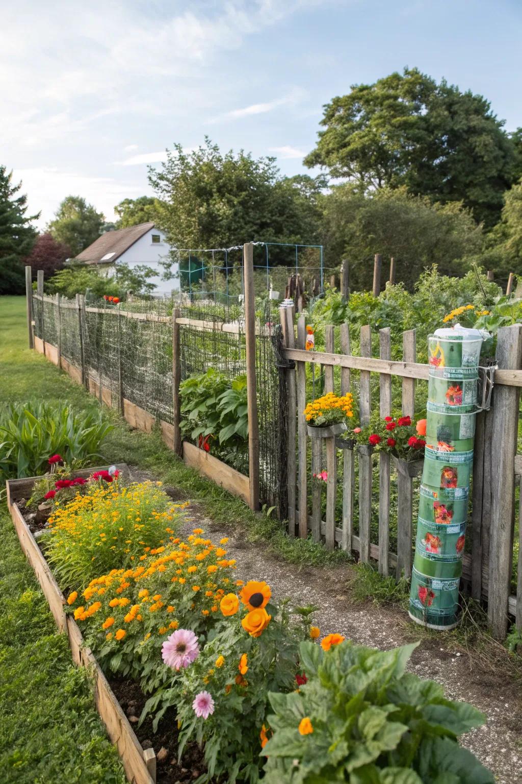 A shield made from recycled materials adds sustainable charm to the garden.